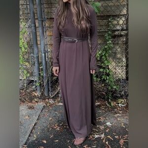Chic Long Sleeve Brown Maxi Dress  modest Jersey mock neck  with belt